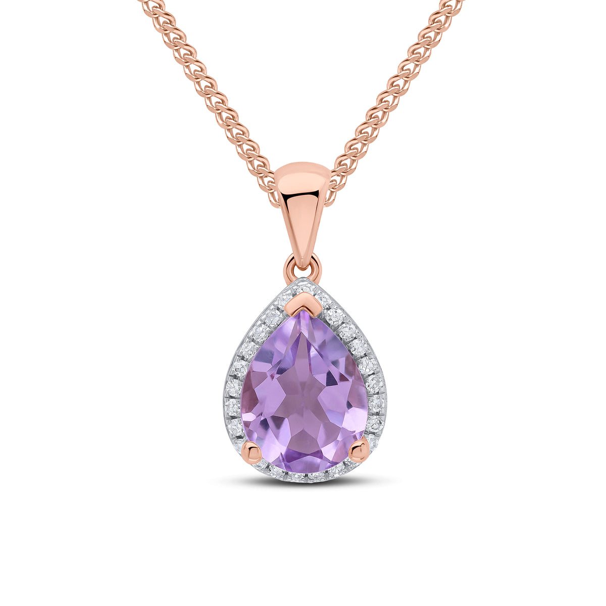 9CT RG 9X7 PEARSHAPE PINK AMETHYST & DIAMOND CLUSTER PENDANT