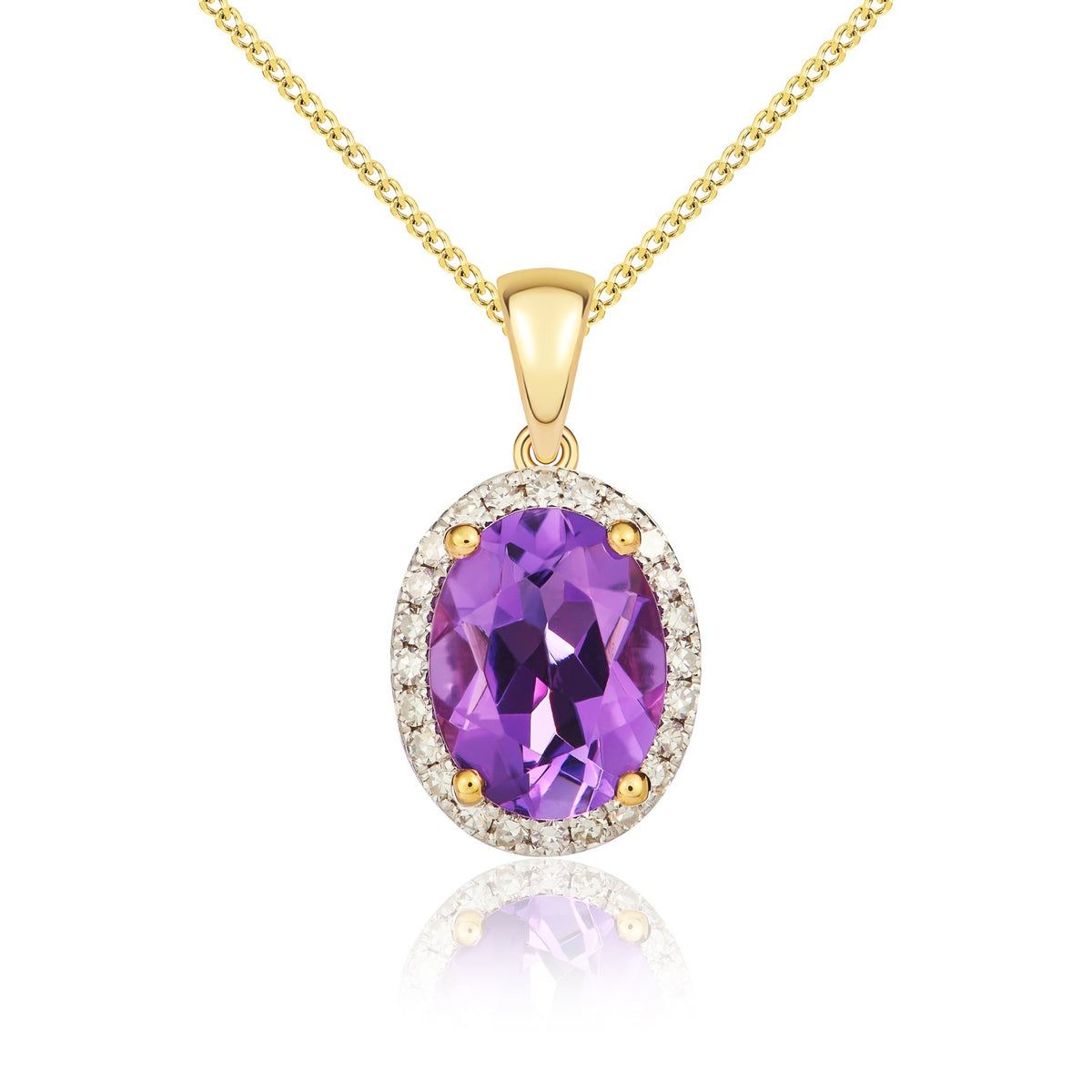 9CT YG 8X6MM OVAL AMETHYST & DIAMOND CLAW SET CLUSTER PENDANT. RHODIUM TO DIAMONDS