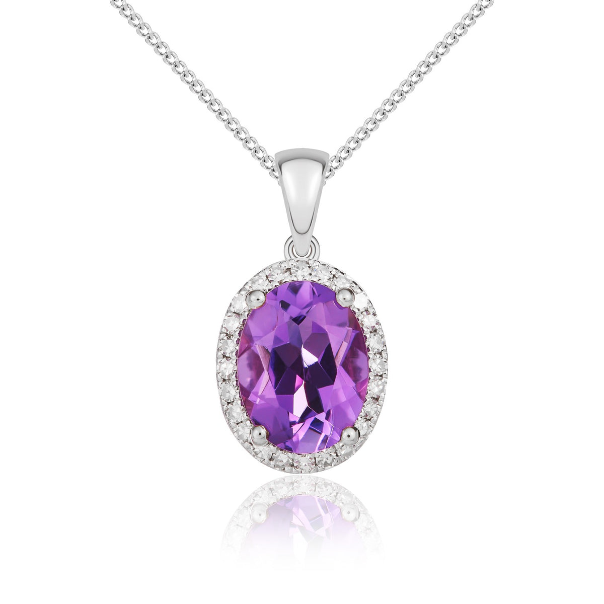 9CT WG 8X6MM OVAL AMETHYST & DIAMOND CLAW SET CLUSTER PENDANT