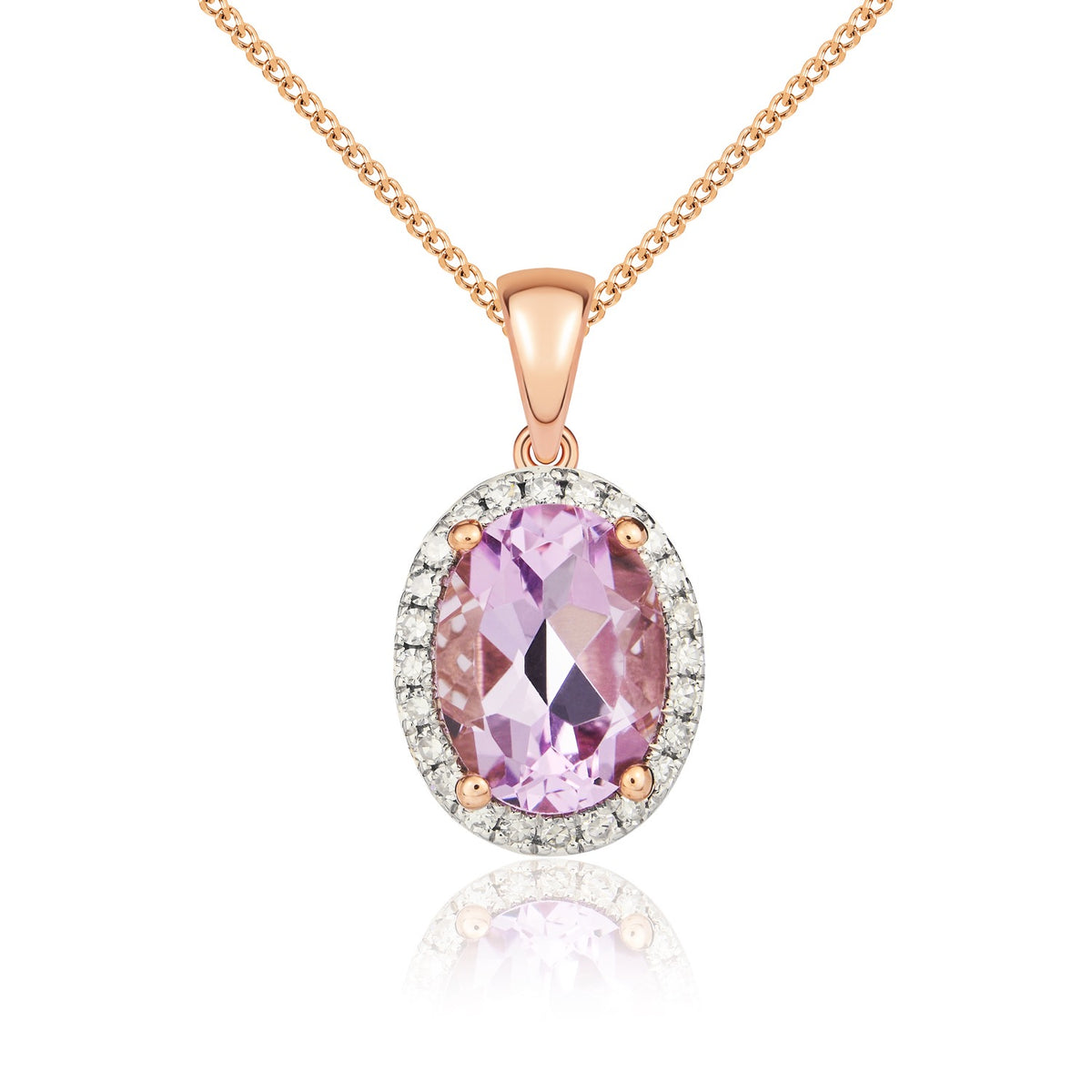 9CT RG 8X6MM OVAL PINK AMETHYST & DIAMOND CLAW SET CLUSTER PENDANT. RHODIUM TO DIAMONDS