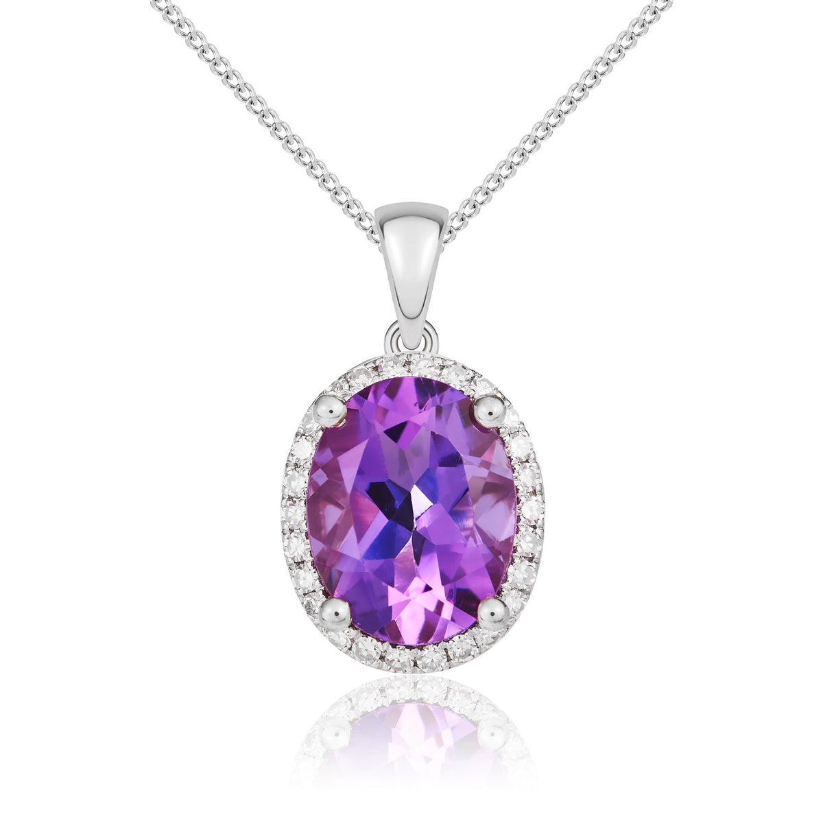 9CT WG 9X7 OVAL AMETHYST & DIAMOND CLAW SET CLUSTER PENDANT