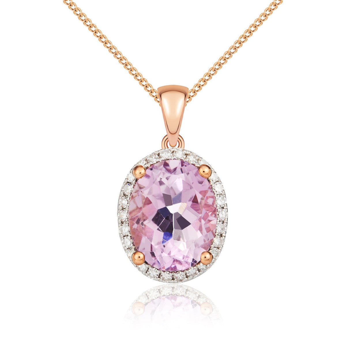 9CT RG 9X7 OVAL PINK AMETHYST & DIAMOND CLAW SET CLUSTER PENDANT. RHODIUM TO DIAMONDS