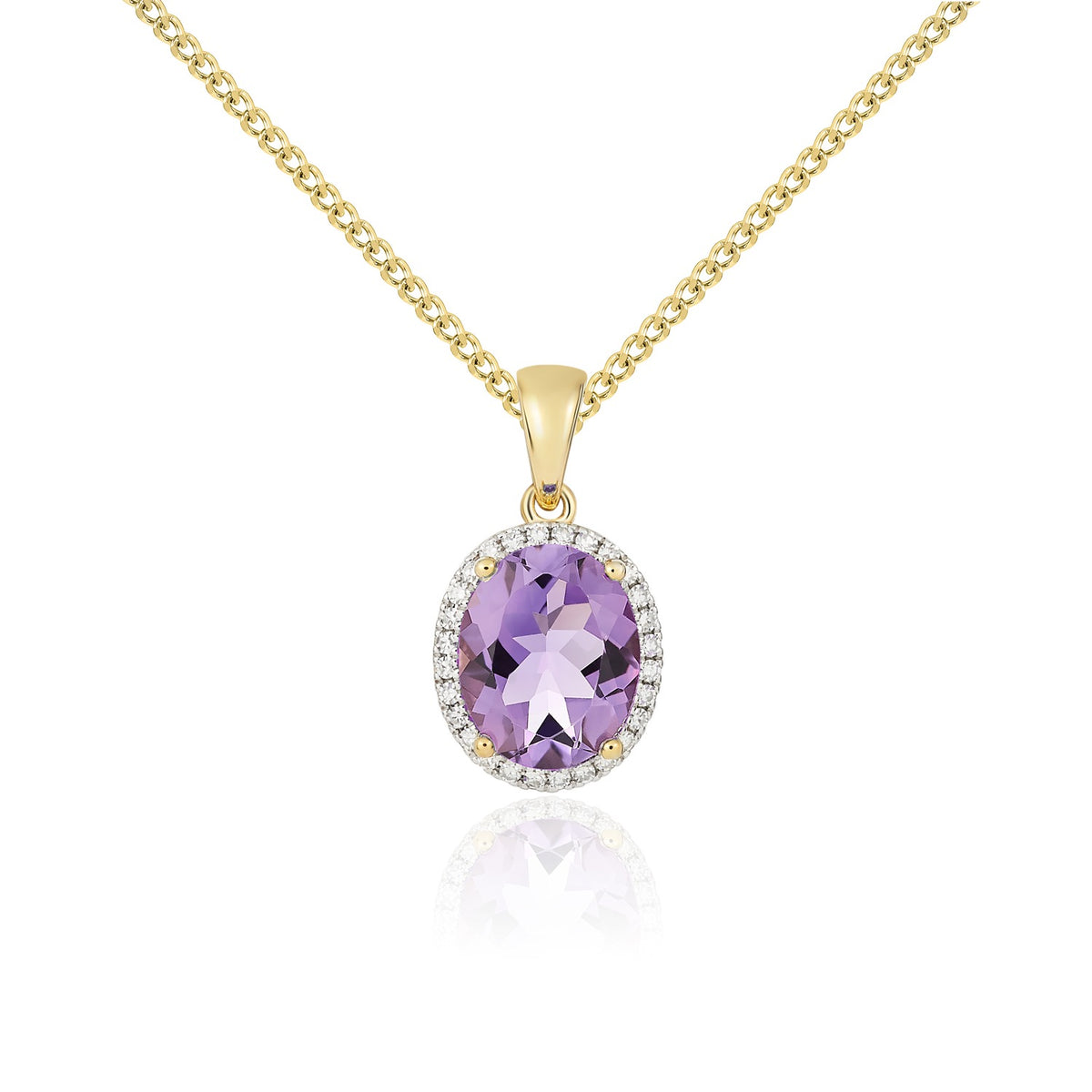9CT YG 10X8 OVAL AMETHYST AND DIAMOND CLAW SET CLUSTER PENDANT. RHODIUM TO DIAMONDS