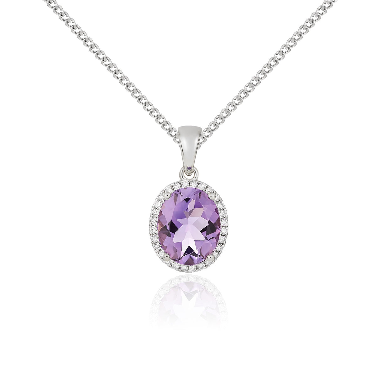 9CT WG 10X8 OVAL AMETHYST AND DIAMOND CLAW SET CLUSTER PENDANT