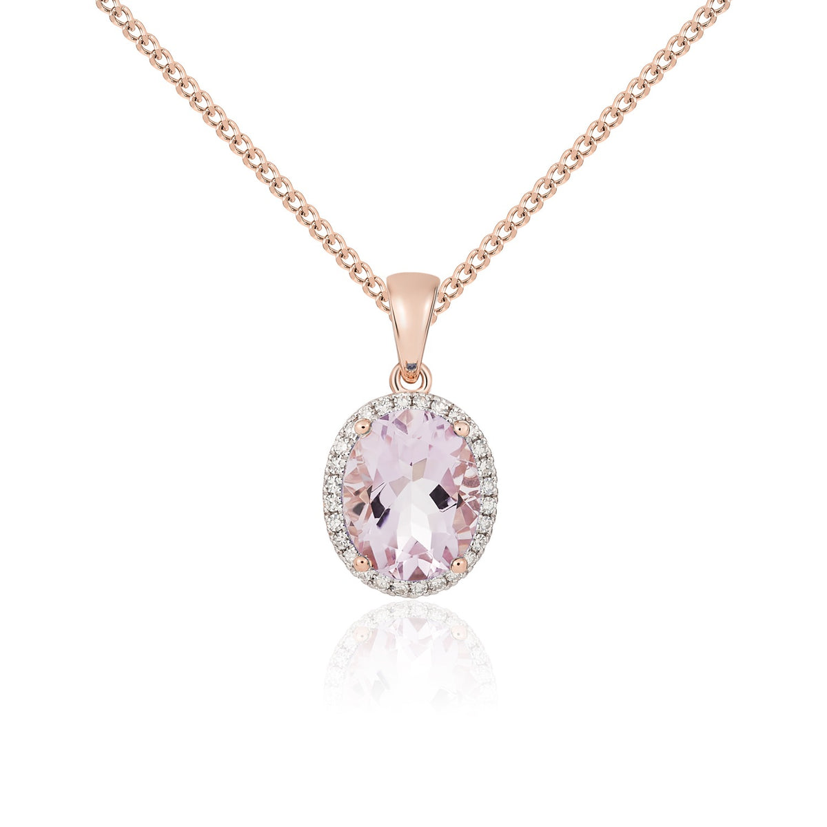 9CT RG 10X8 OVAL PINK AMEHTYST & DIAMOND CLAW CLUSTER PENDANT. RHODIUM TO DIAMONDS