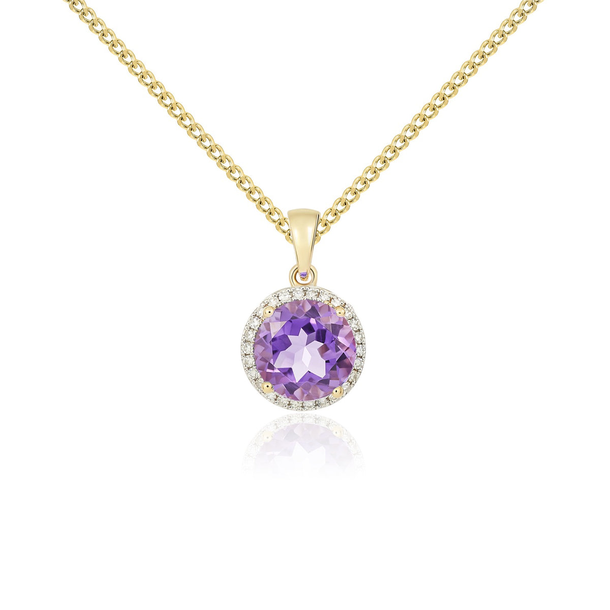 9CT YG 8MM ROUND AMETHYST AND DIAMOND CLAW CLUSTER PENDANT