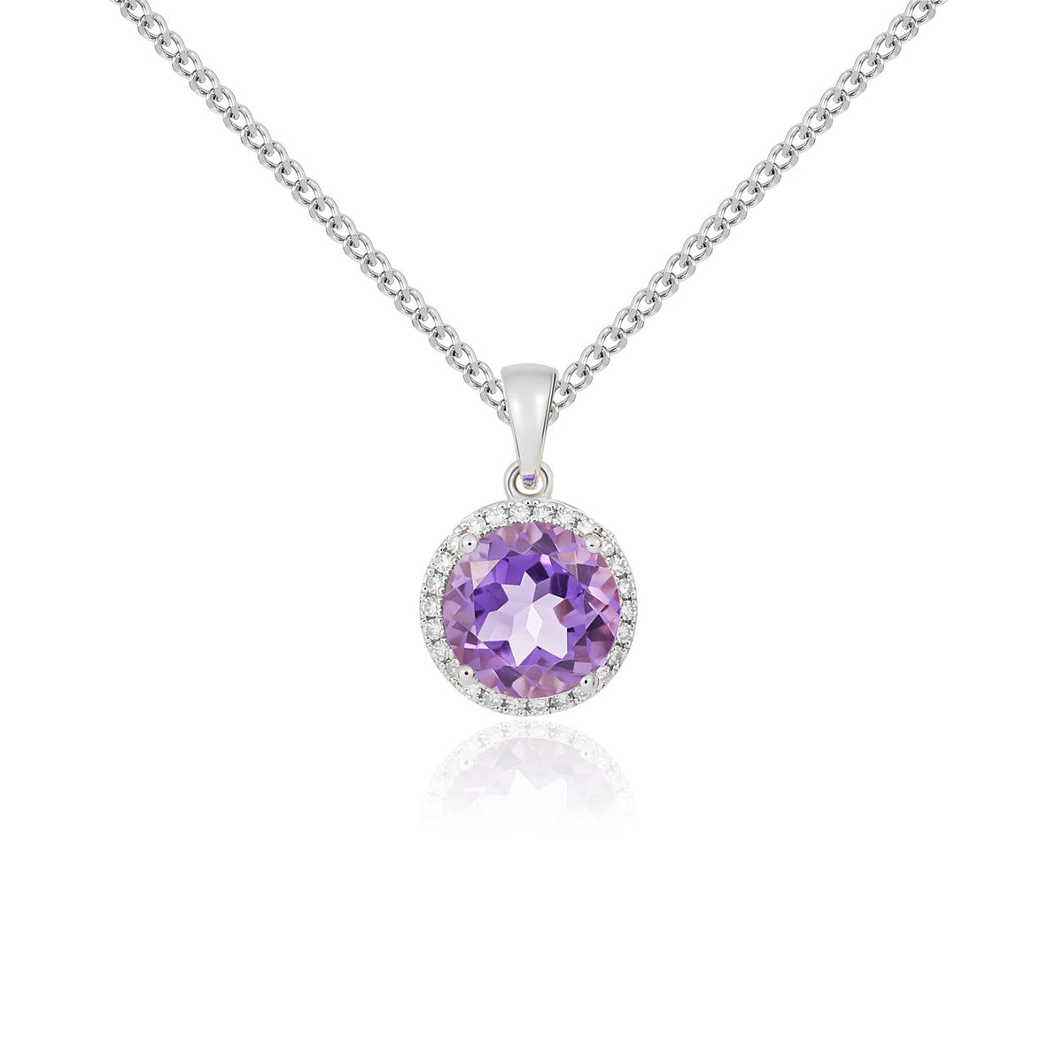 9CT WG 8MM ROUND AMETHYST AND DIAMOND CLAW CLUSTER PENDANT