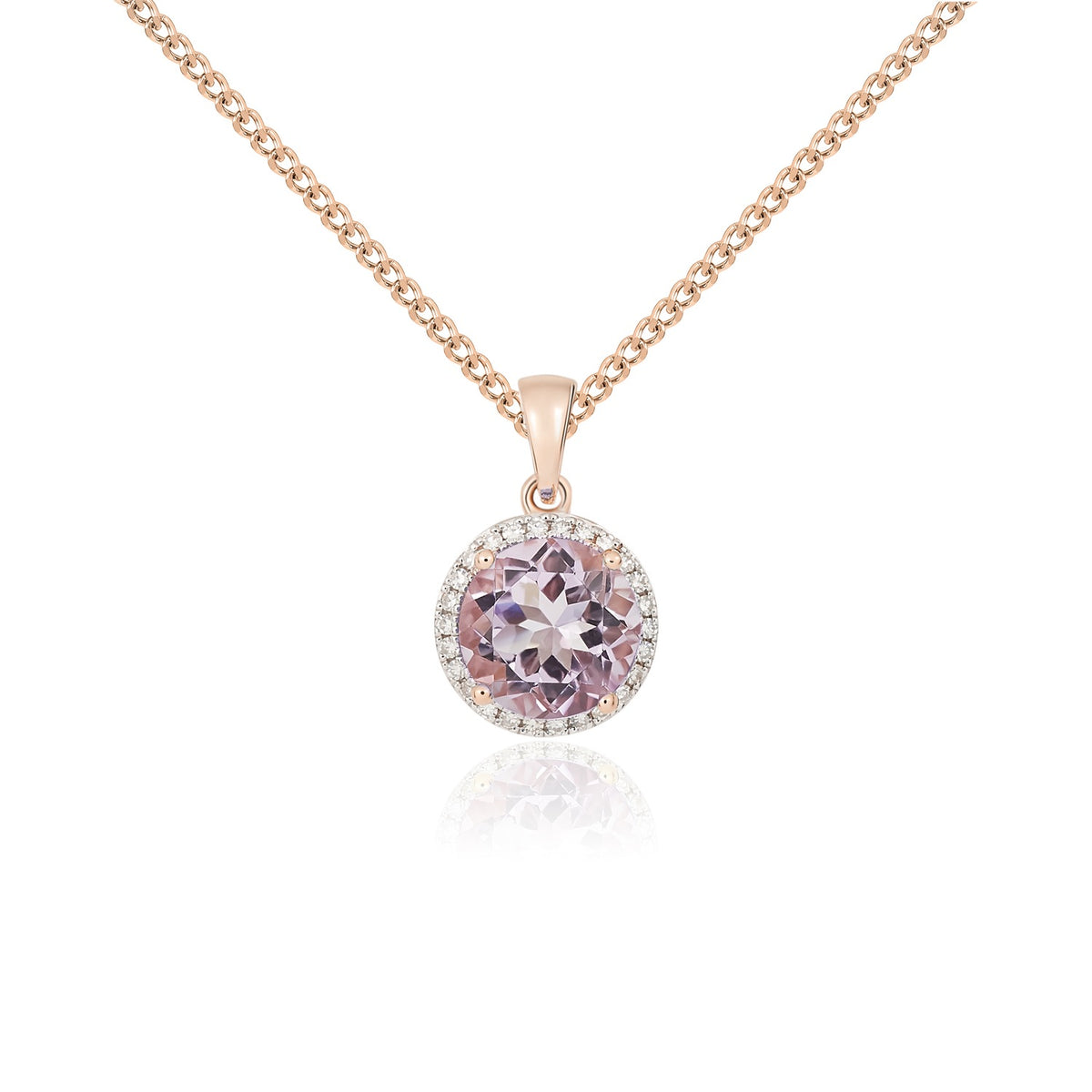 9CT RG 8MM ROUND PINK AMETHYST AND DIAMOND CLAW CLUSTER PENDANT