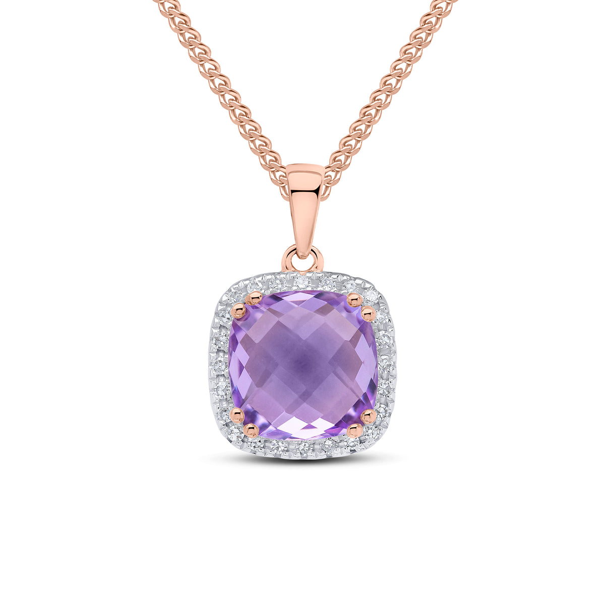9CT RG 8MM CHECKERBOARD CUT CUSHION PINK AMETHYST AND ROUND DIAMOND CLAW SET CLUSTER PENDANT. RHODIUM TO DIAMONDS