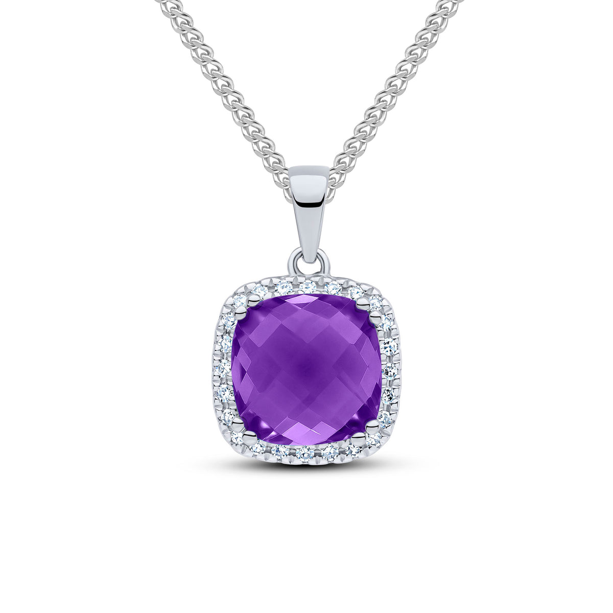 9CT WG 8MM CHECKERBOARD CUT CUSHION AMETHYST AND ROUND DIAMOND CLAW SET CLUSTER PENDANT