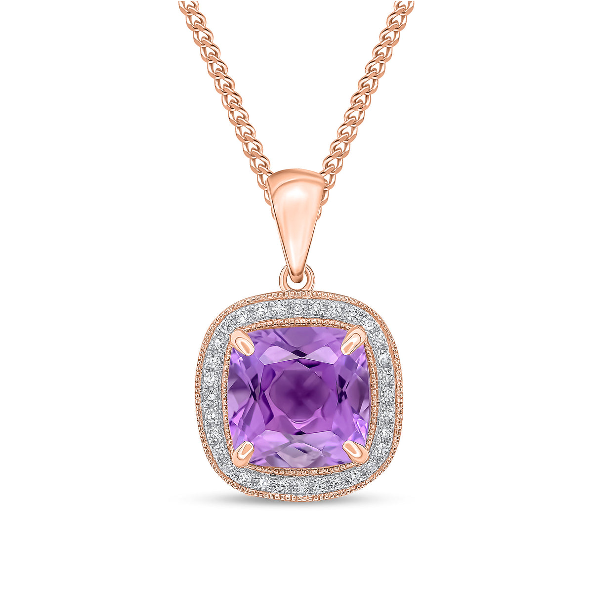 9CT RG 9MM CUSHION AMETHYST & DIAMOND CLUSTER PENDANT. MILLEGRAIN EDGE