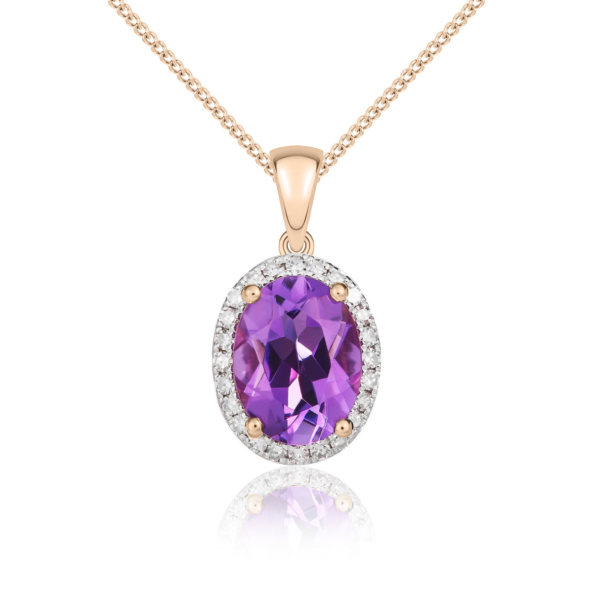 9CT RG 8X6MM OVAL AMETHYST & DIAMOND CLAW SET CLUSTER PENDANT. RHODIUM TO DIAMONDS