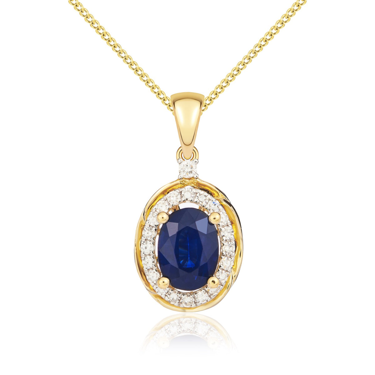 9CT YG 7X5 OVAL SAPPHIRE & DIAMOND CLUSTER PENDANT WITH ROPE EDGE. RHODIUM TO DIAMONDS