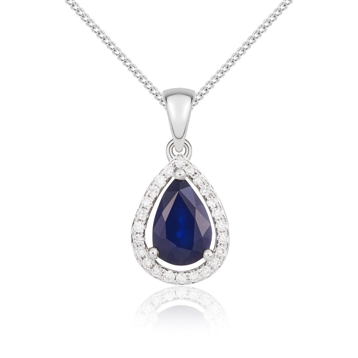 9CT WG 7X5 PEARSHAPE SAPPHIRE & DIAMOND HALO CLAW CLUSTER PENDANT