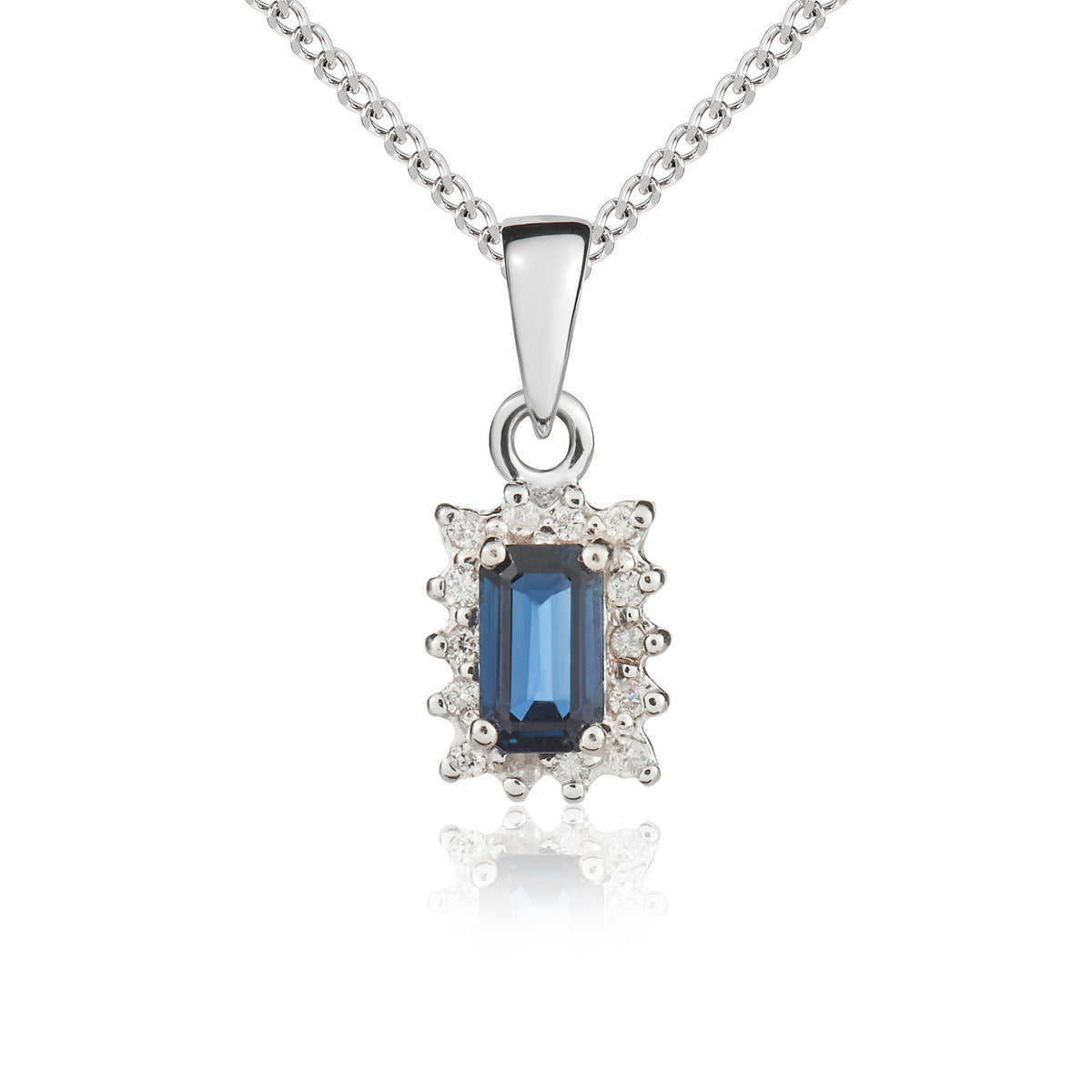 9CT WG 5X3 OCTAGON SAPPHIRE & DIAMOND CLAW SET CLUSTER PENDANT