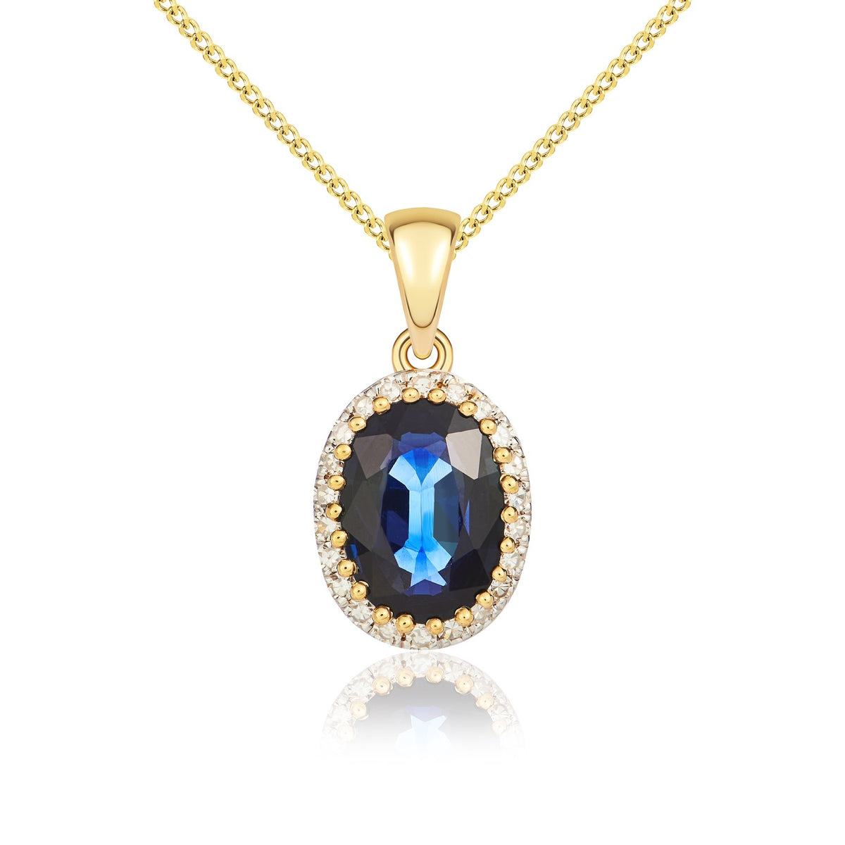 9CT YELLOW GOLD OVAL SAPPHIRE AND ROUND DIAMOND CLAW SET CLUSTER PENDANT WITH PLAIN LOOP. RHODIUM TO DIAMONDS