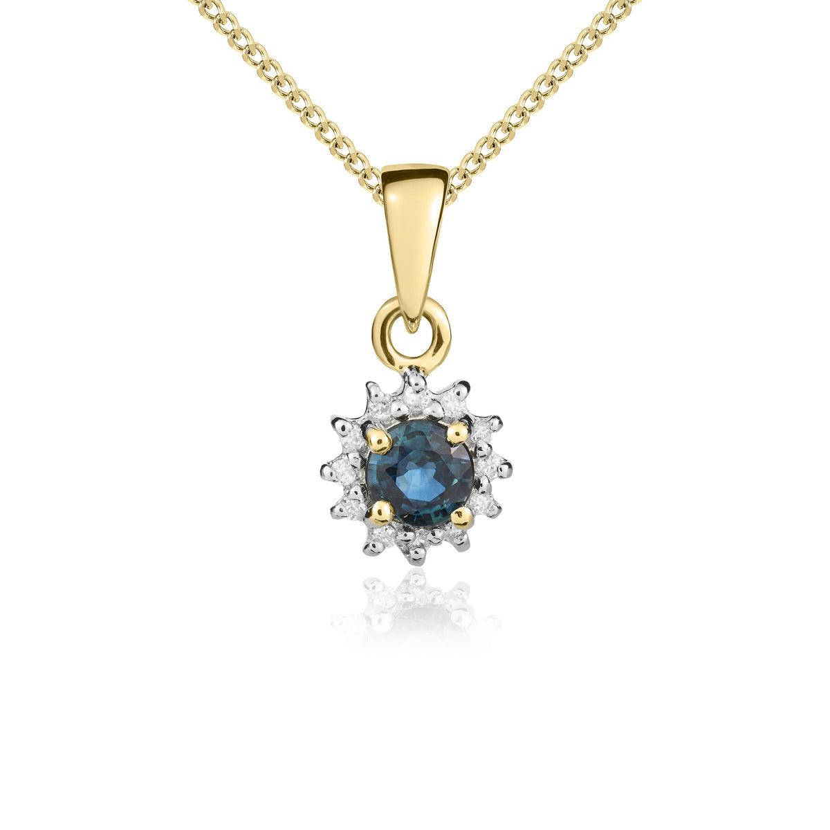 9CT YG 4MM ROUND SAPPHIRE AND DIAMOND CLAW SET CLUSTER PENDANT WITH PLAIN LOOP TOP. RHODIUM TO DIAMONDS