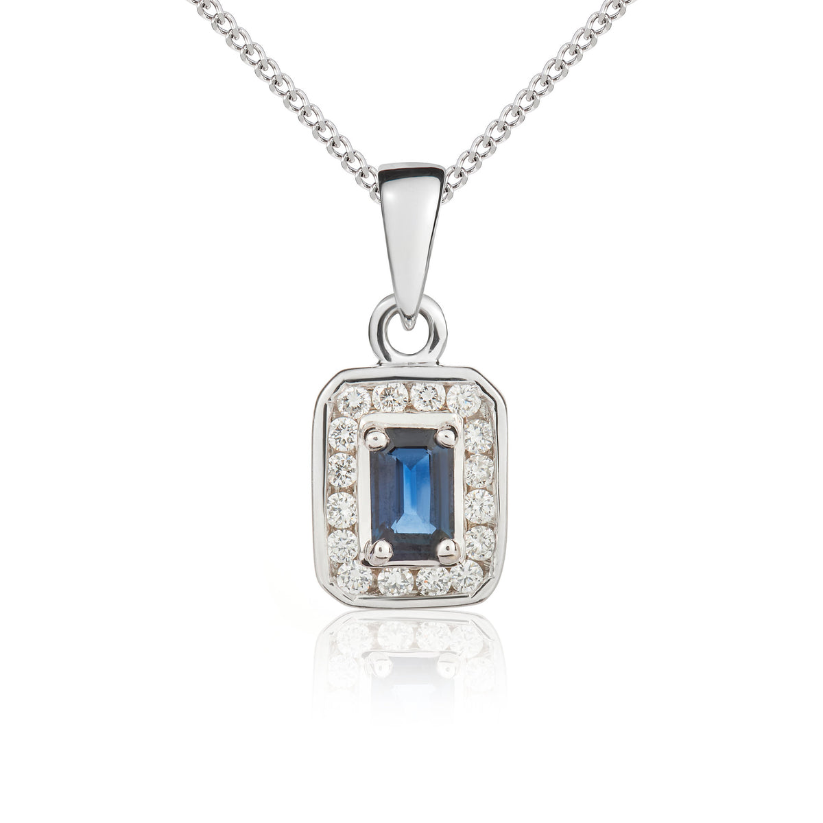 9CT WG 5X3 OCTAGON SAPPHIRE & DIAMOND CLUSTER PENDANT