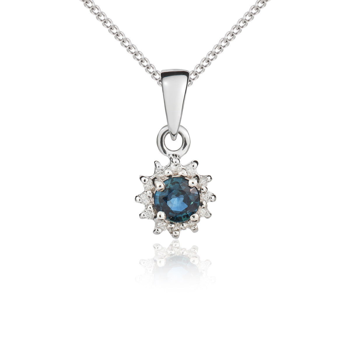 9CT WG 4MM ROUND SAPPHIRE AND DIAMOND CLAW SET CLUSTER PENDANT WITH PLAIN LOOP TOP.