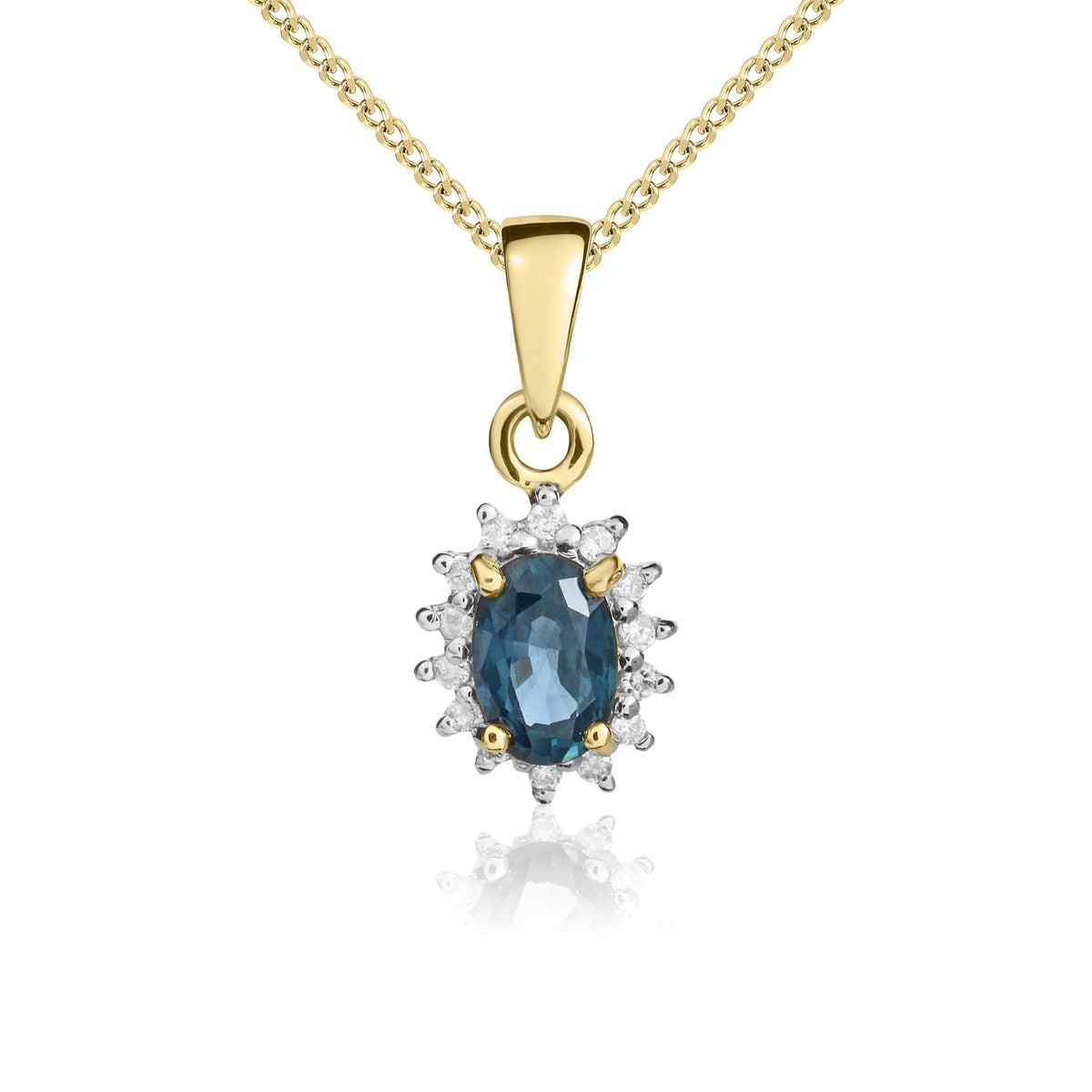 9CT YELLOW GOLD OVAL SAPPHIRE & ROUND DIAMOND CLUSTER PENDANT WITH PLAIN LOOP TOP. RHODIUM TO DIAMONDS