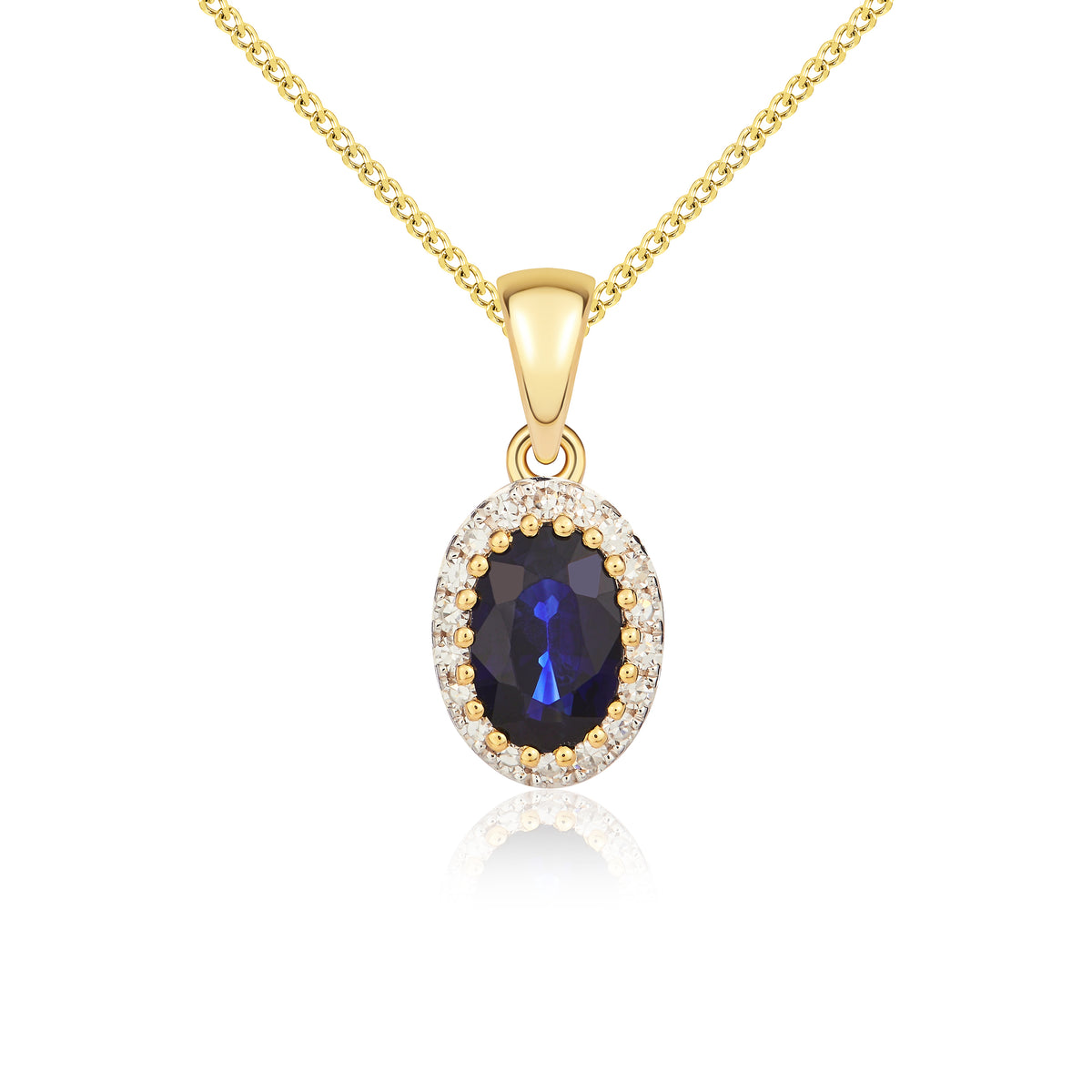 9CT YELLOW GOLD OVAL SAPPHIRE AND DIAMOND CLAW CLUSTER PENDANT