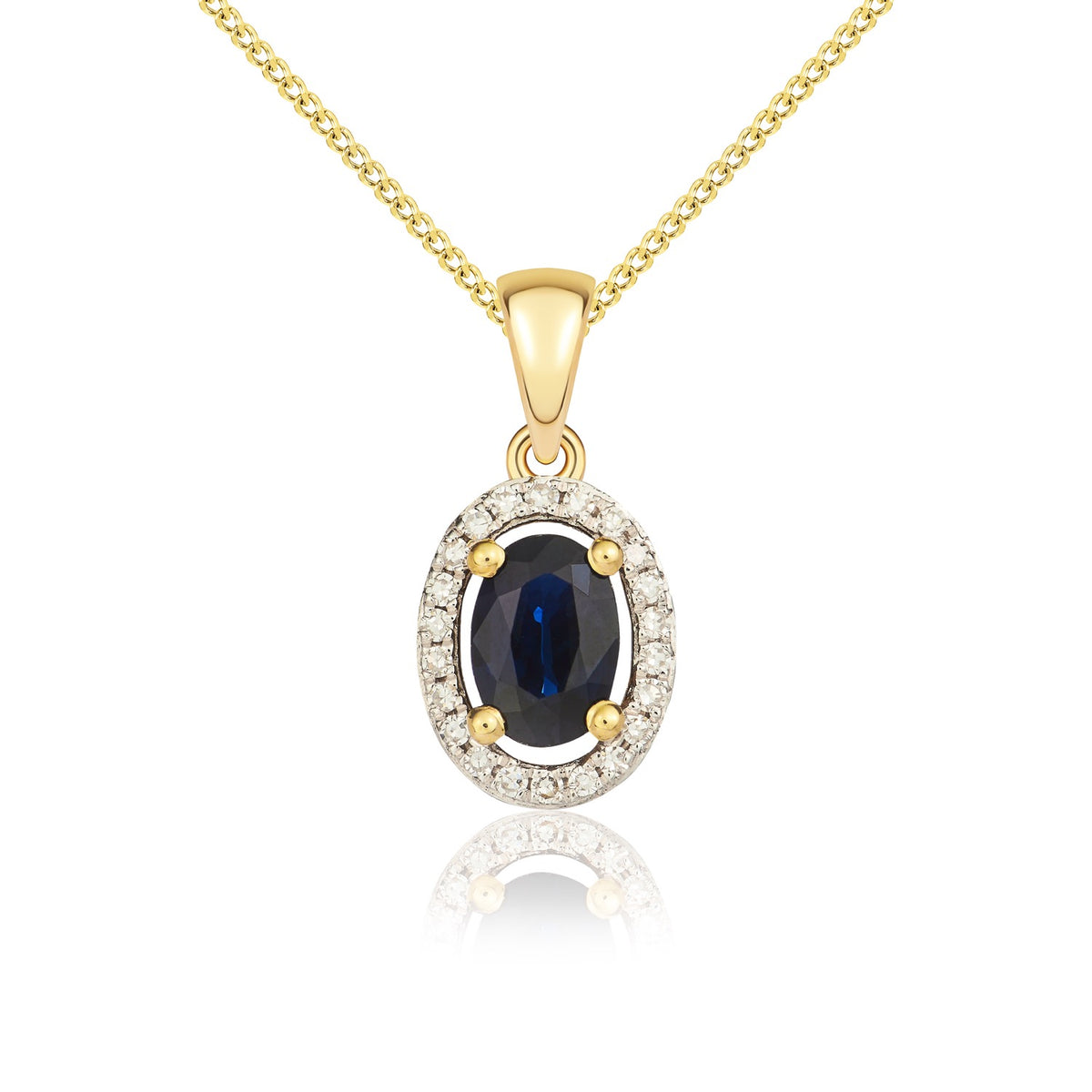 9CT YG 6X4 OVAL SAPPHIRE AND ROUND DIAMOND HALO CLUSTER PENDANT WITH PLAIN LOOP TOP. RHODIUM TO DIAMONDS