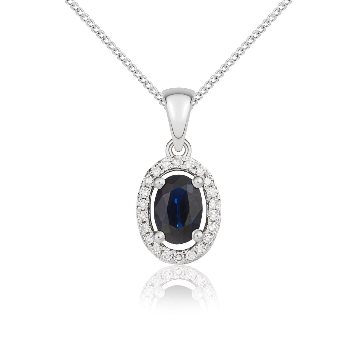 9CT WG 6X4 OVAL SAPPHIRE AND ROUND DIAMOND HALO CLUSTER PENDANT WITH PLAIN LOOP TOP