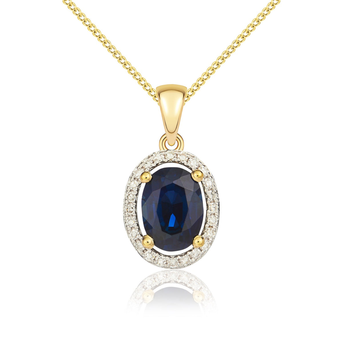 9CT YG 7X5MM OVAL SAPPHIRE AND DIAMOND HALO CLUSTER PENDANT. RHODIUM TO DIAMONDS