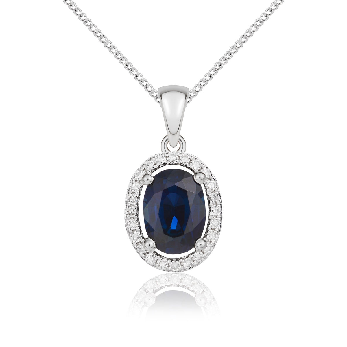 9CT WG 7X5MM OVAL SAPPHIRE AND DIAMOND HALO CLUSTER PENDANT