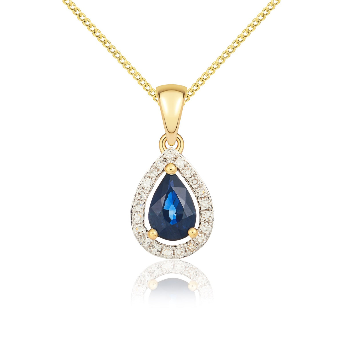 9CT YG 6X4 PEARSHAPE SAPPHIRE & DIAMOND HALO CLAW CLUSTER PENDANT. RHDOIUM TO DIAMONDS