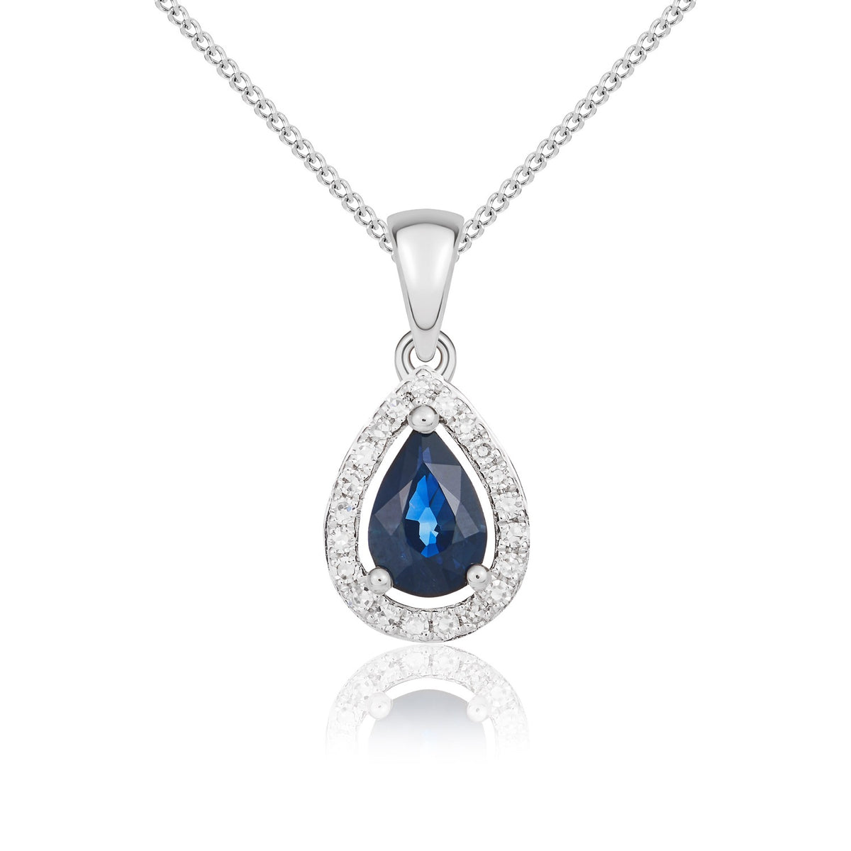 9CT WG 6X4 PEARSHAPE SAPPHIRE & DIAMOND HALO CLAW CLUSTER PENDANT