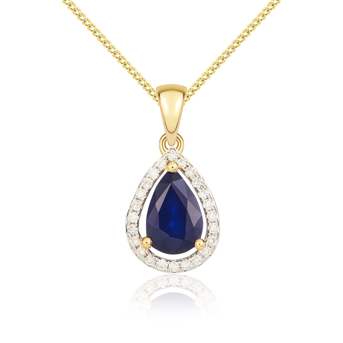 9CT YG 7X5 PEARSHAPE SAPPHIRE & DIAMOND HALO CLAW CLUSTER PENDANT. RHODIUM TO DIAMONDS