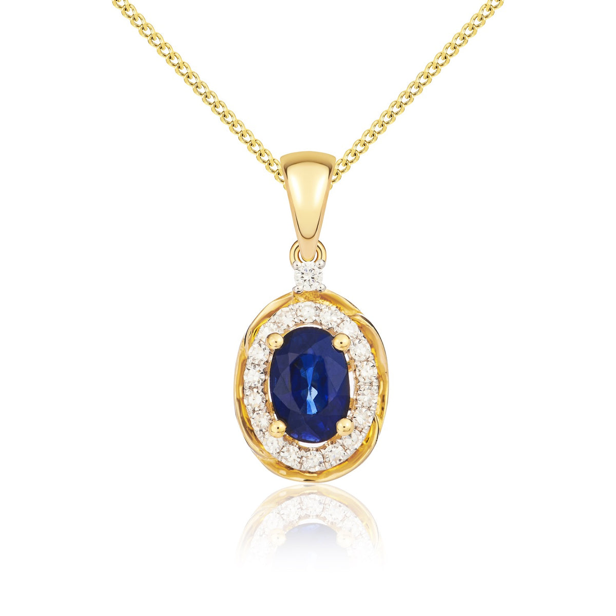 9CT YG 6X4 OVAL SAPPHIRE & DIAMOND CLUSTER PENDANT WITH ROPE EDGE. RHODIUM TO DIAMONDS