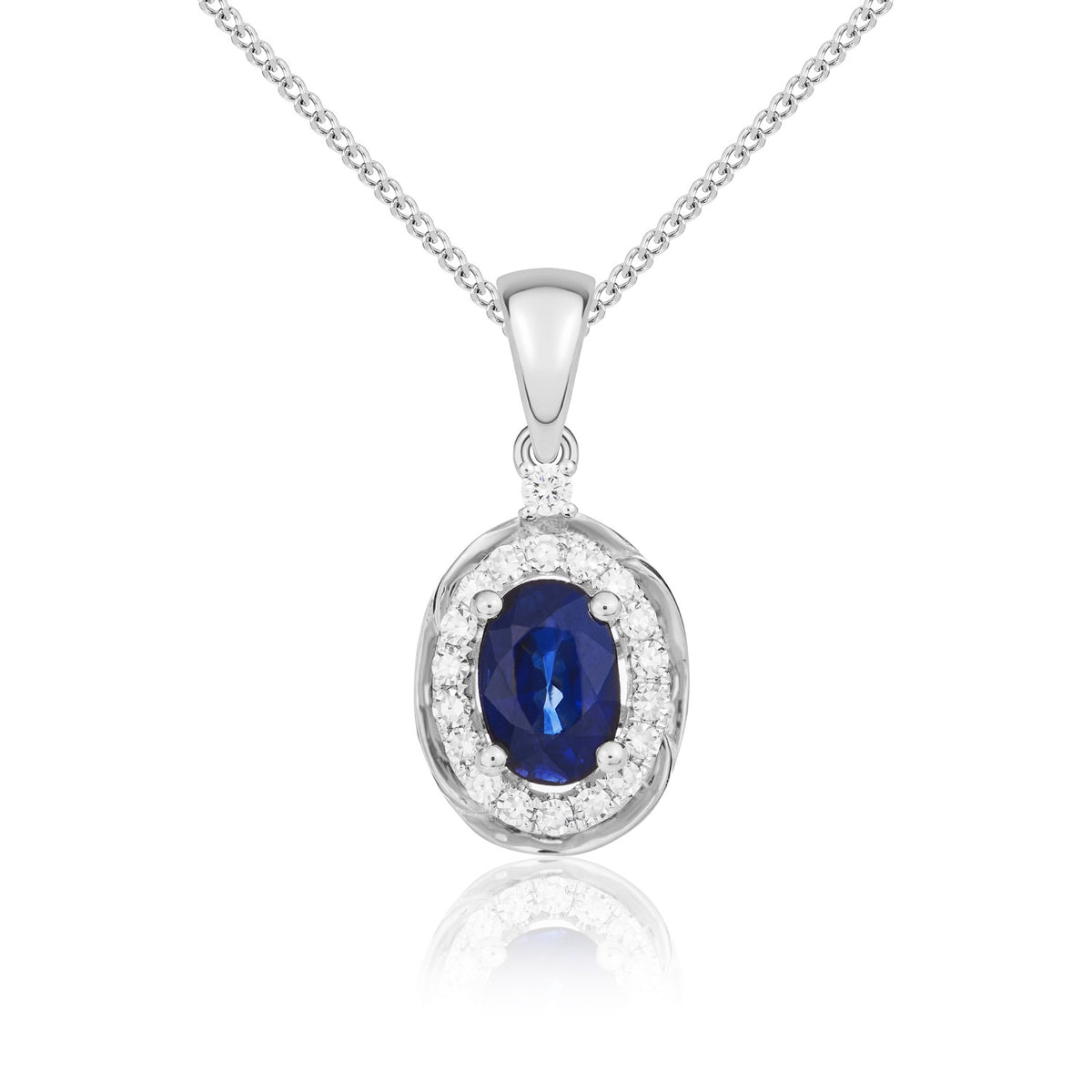 9CT WG 6X4 OVAL SAPPHIRE & DIAMOND CLUSTER PENDANT WITH ROPE EDGE.