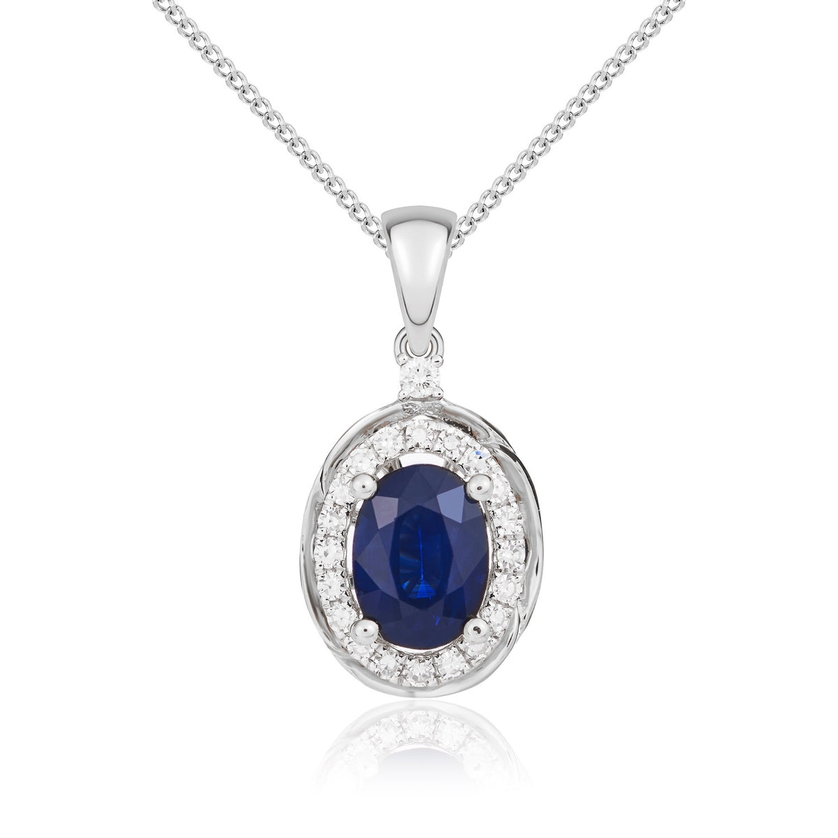 9CT WG 7X5 OVAL SAPPHIRE & DIAMOND CLUSTER PENDANT WITH ROPE EDGE