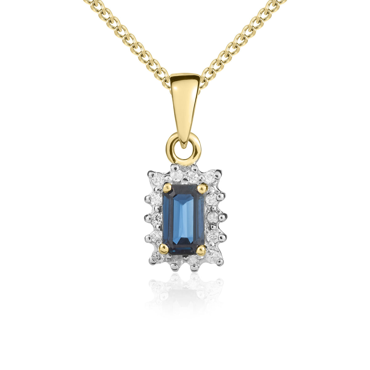 9CT YG 5X3 OCTAGON SAPPHIRE & DIAMOND CLAW SET CLUSTER PENDANT. RHODIUM TO DIAMONDS