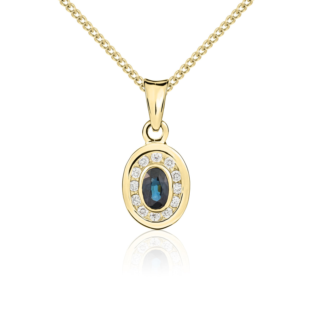 9CT YG 5X3 OVAL SAPPHIRE & DIAMOND RUBOVER CLUSTER PENDANT
