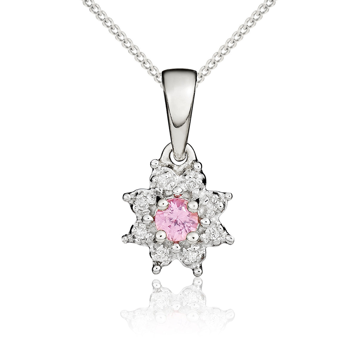 9CT WG 3MM ROUND PINK SAPPHIRE & DIAMOND CLAW SET CLUSER PENDANT