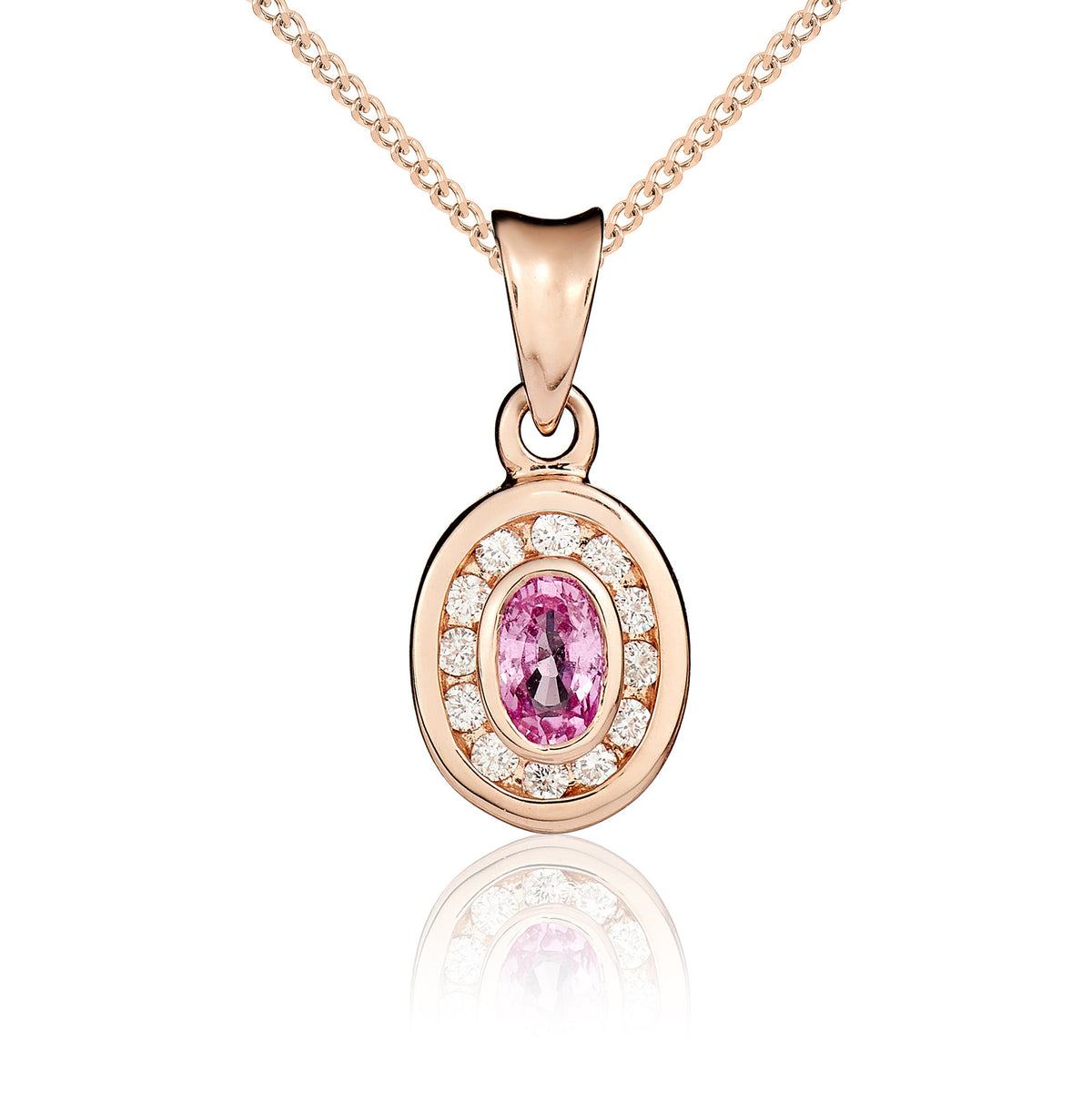 9CT RG 5X3 OVAL PINK SAPPHIRE & DIAMOND RUBOVER CLUSTER PENDANT