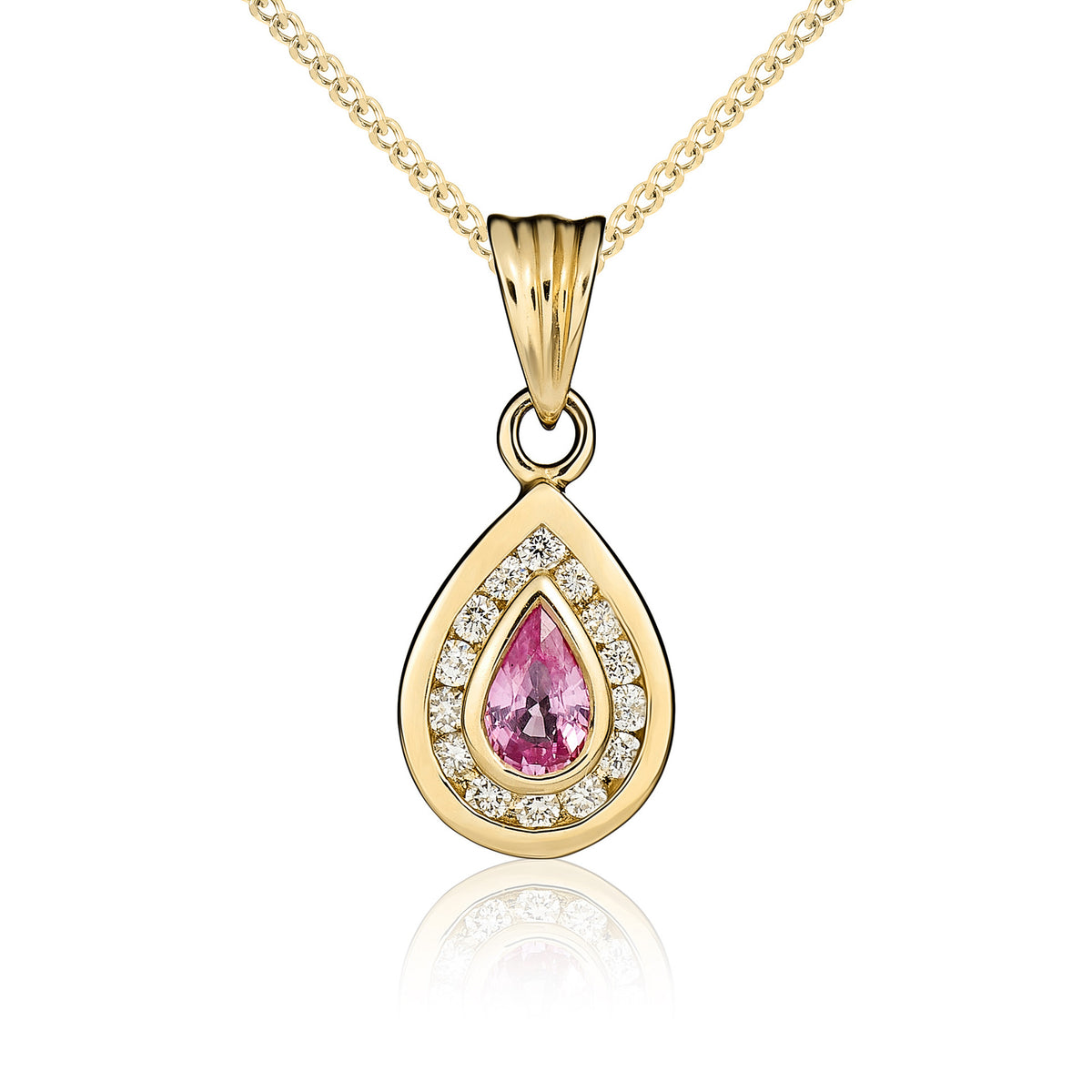 9YG PEAR PINK SAPPHIRE & DIAMOND CLUSTER PENDANT