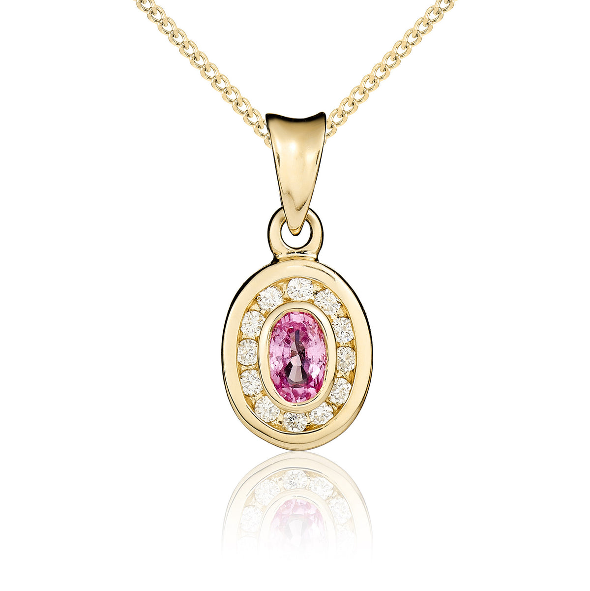 9YG 5X3 OVAL PINK SAPPHIRE & DIAMOND CLUSTER PENDANT