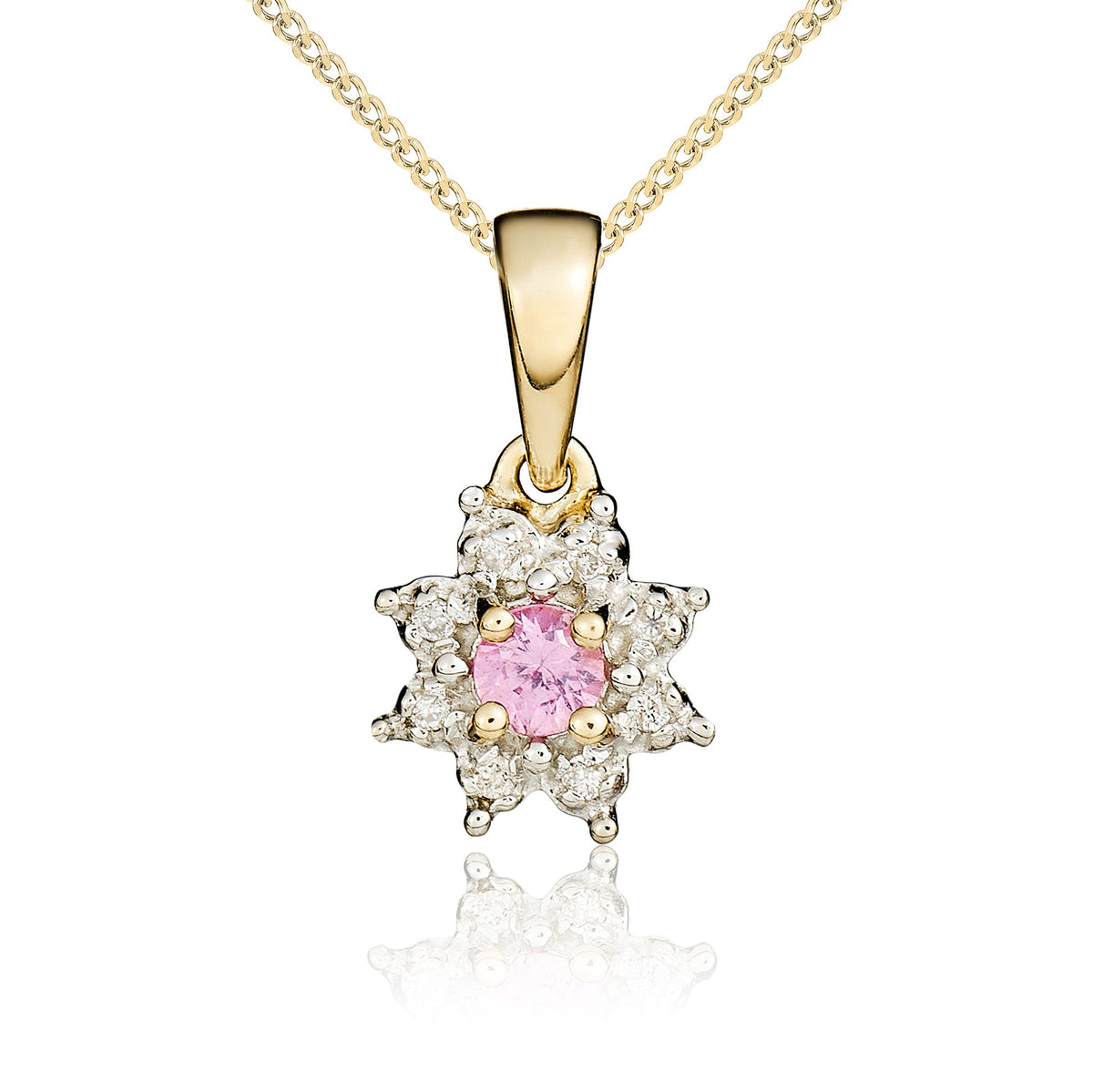 9YG ROUND 3MM PINK SAPPHIRE & DIAMOND CLUSTER CLAW PENDANT