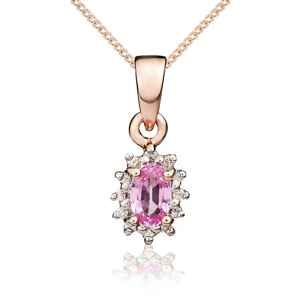 9YG OVAL 5X3 PINK SAPPHIRE & DIAMOND CLUSTER CLAW PENDANT