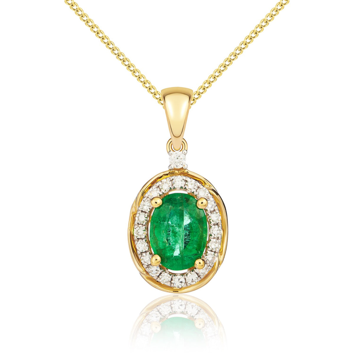 9CT YG 7X5 OVAL EMERALD & DIAMOND CLUSTER PENDANT WITH ROPE EDGE. RHODIUM TO DIAMONDS