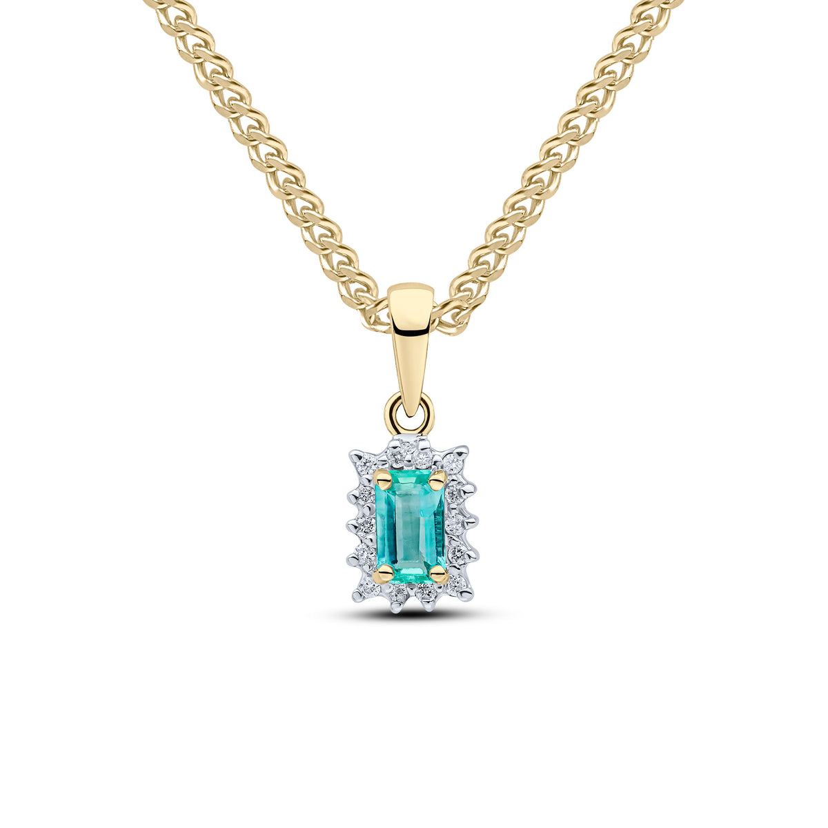 9CT YG 5X3 OCTAGON EMERALD & DIAMOND CLAW SET CLUSTER PENDANT. RHODIUM TO DIAMONDS