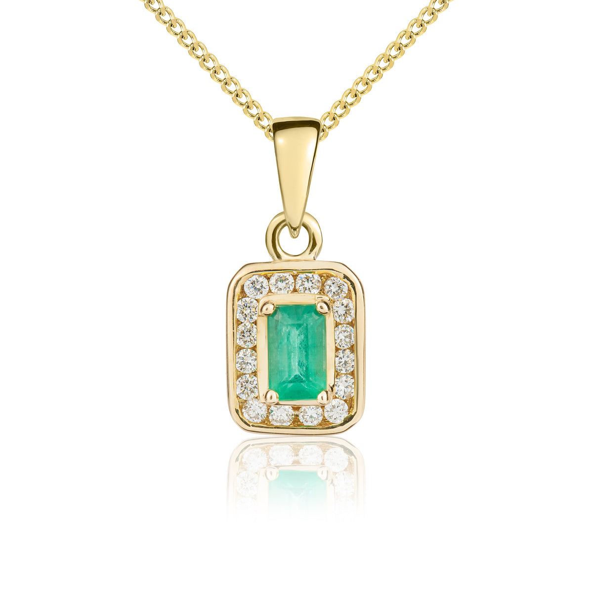 9CT YG 5X3 OCTAGON EMERALD & DIAMOND CLUSTER PENDANT