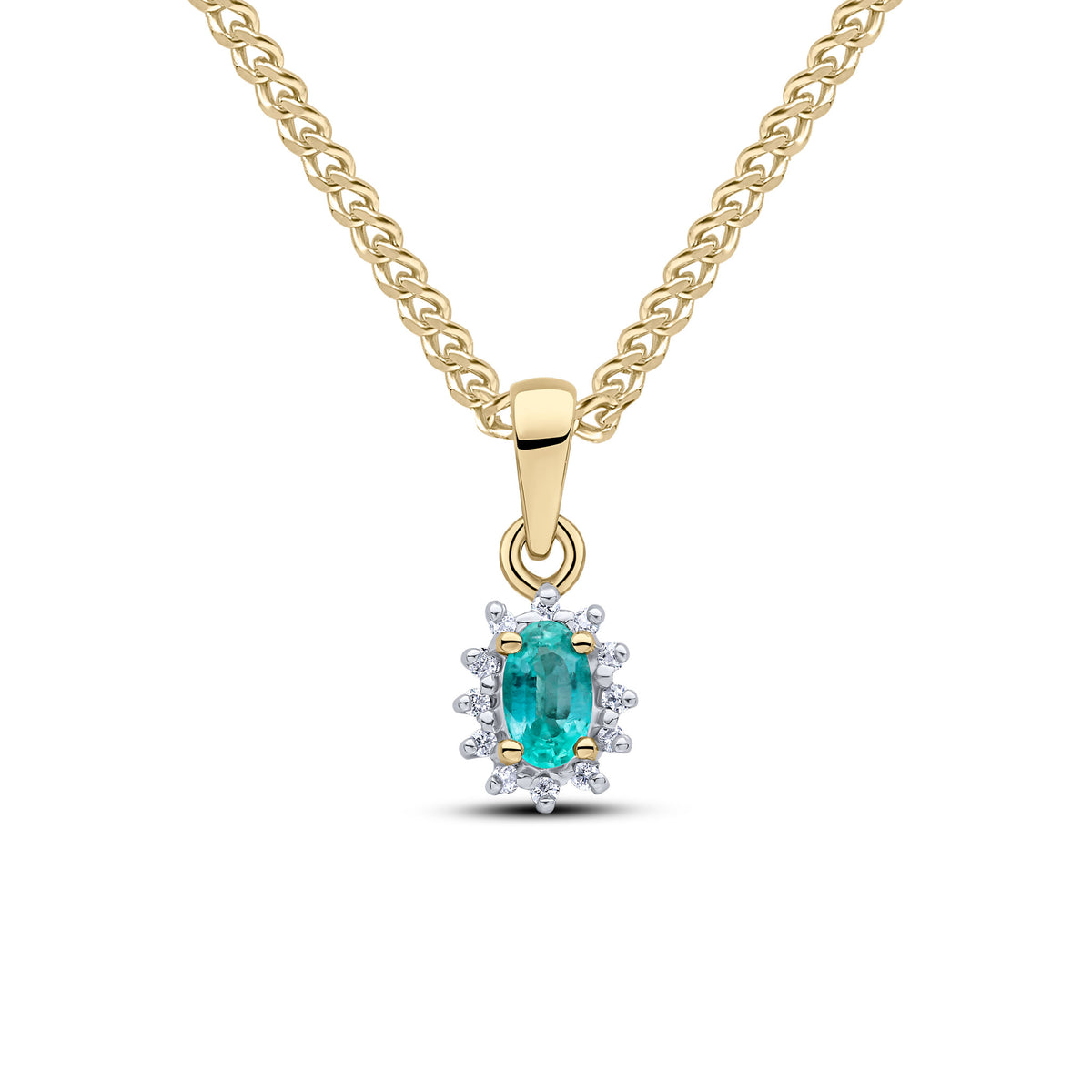 9CT YG 5X3 OVAL EMERALD & DIAMOND CLAW SET CLUSTER PENDANT