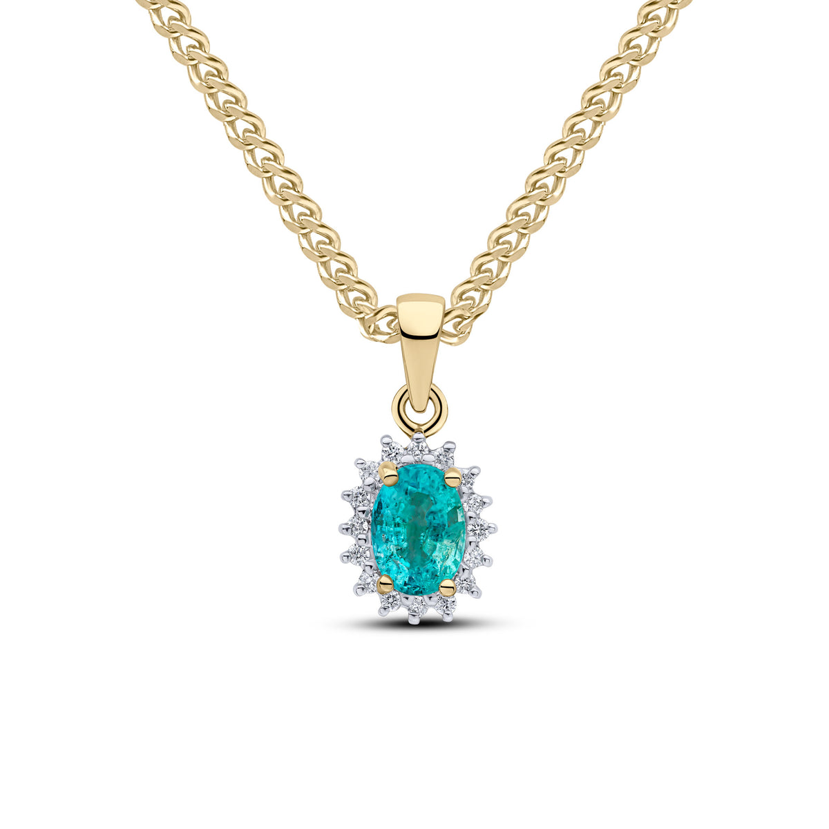 9CT YG 7X5 OVAL EMERALD & DIAMOND CLAW SET CLUSTER PENDANT