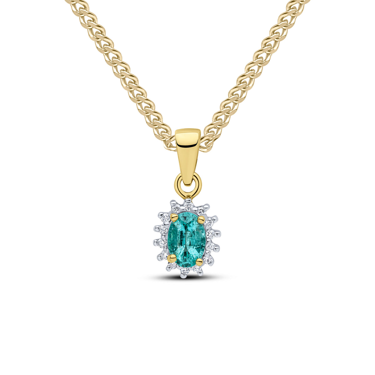 9CT YG 6X4 OVAL EMERALD & DIAMOND CLAW SET CLUSTER PENDANT