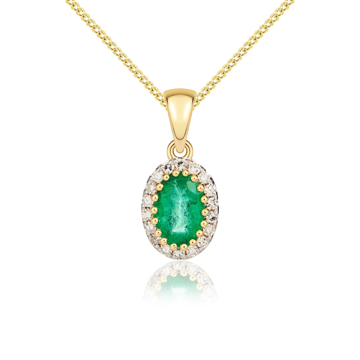 9CT YELLOW GOLD OVAL EMERALD AND DIAMOND CLAW CLUSTER PENDANT